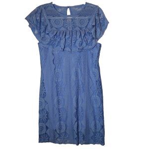 Miami Blue Crochet Lace Dress Womens Medium Capelet Ruffle Sheath Flutter Sleeve